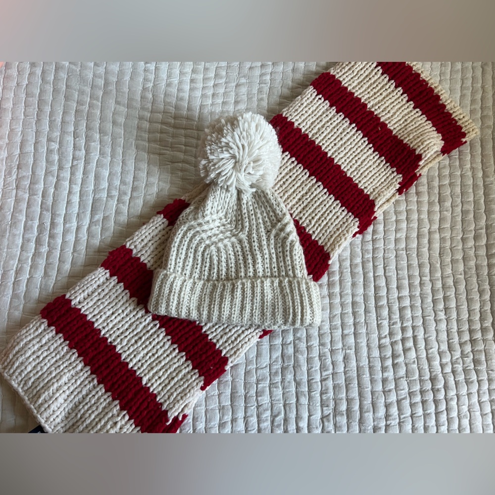 GAP Red and White Striped Scarf and Cream Hat